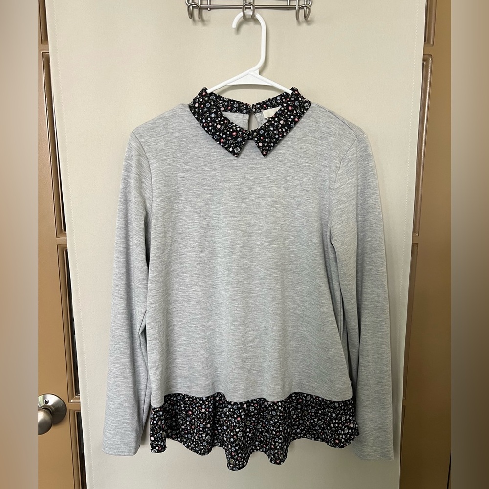 Loft Womens Medium Grey Floral Trim Collared Long Sleeve Top